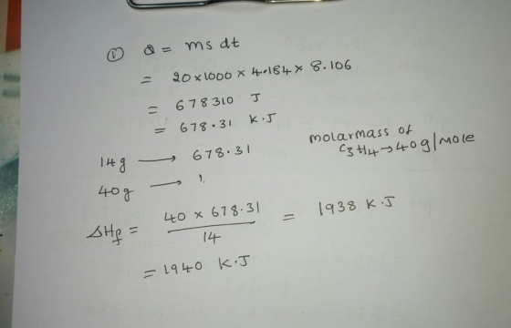 ms at 20x1000x40184x8.106 678 310 T 678.31 K.J 678.31 molarmass of C3 H4740g/mole 14g 40g 1938 kJ 40 x 678.31 SHg = 14 = 1940
