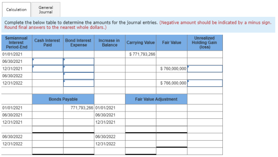 Calculation General Journal Complete the below table to determine the amounts for the journal entries. (Negative amount shoul
