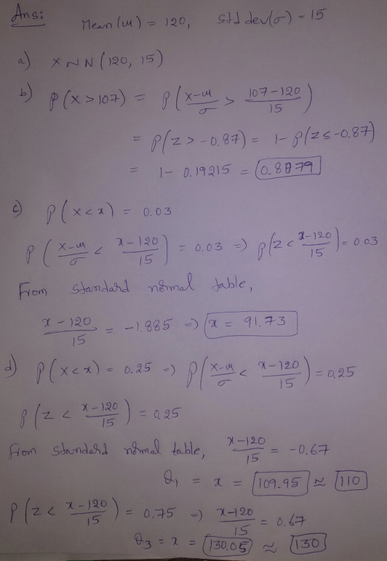 ms. Mean (M) = 120 std devo) = 15 107-120 5 a) XNN (120, 15) b) p (x > 107) = P(x-m 107-120 ) Plz>-0.87) = P125-0.87) = 1-0.1