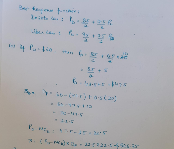 Beol Response function: Desoto Can : P = 85 +0.5 Pu Uber cab: Pu - 95 +0.5 PRO (b) of Pu- $20, then Pp - 85 +0.5x20 -85 +5 Po