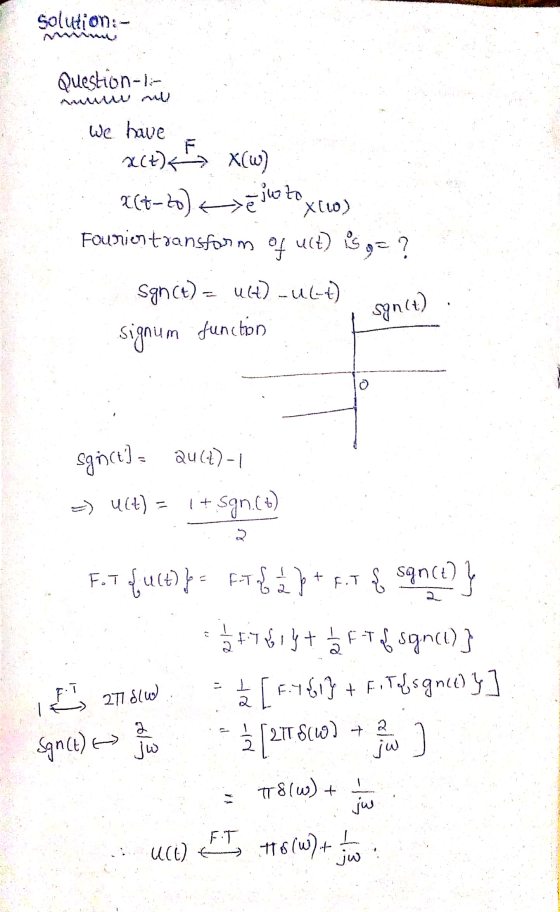 solution:- Question-line We have Act) X(w) 2(t-bo) je Xlo) uit) is Fourientransform of ? = و Sanct) = u() - U(-+) synct) sign