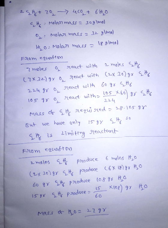 24h + 702 -> 400+ 6H₂O & H. Molarmass = 30g 1mol o molar mass=32 glmol Ho Molar mass = 18 glmol From equation moles a react w
