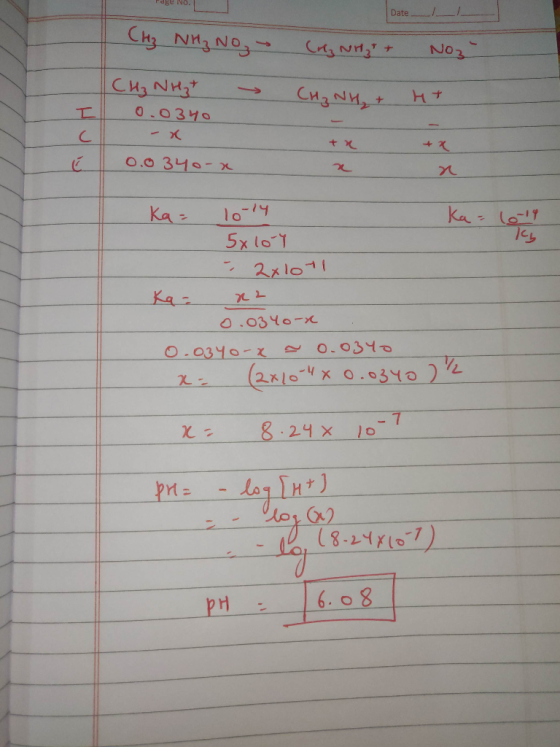 Edge No. Date_ l_ _ CH₃NH₂ No, (rez Nrz + NO3 CH₃NH₂ 0.0340 → CH₂ NH + H+ 0.034orx 16-19 Ky Ka= lorly ka = 5xlory - 2x1071 Ka