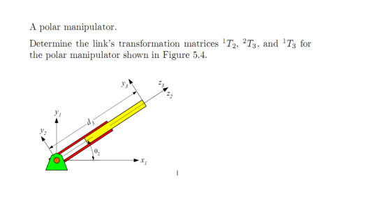 A polar manipulator. Determine the links transformation matrices T2, 2T3, and T3 for the polar manipulator shown in Figure