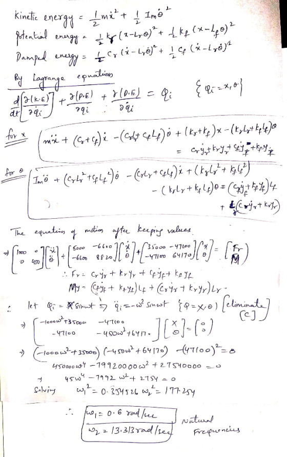 Kinetic energy = 1 mx ² + 1 Imet potential energy & (x-2,0) + Į kq (x-2go) 2 Damped energy = £r (x-L6) + 1 c (A-Lyggt By Lagr