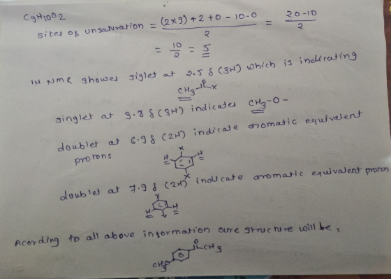 20-10 Cg H1002 2 sites of unsariration = (2x9) + 2 +0 - 10- 0 IH NMR showes siglet at 205 8 (3H) which is indicating CH₃th si