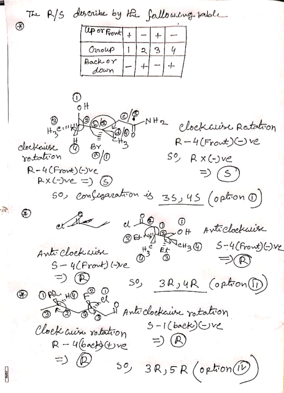 The R/S describe by the following table up or Front + 33 Group Back on down ob Nto clockwise Rotation clockaise & Br CH₂ - R-