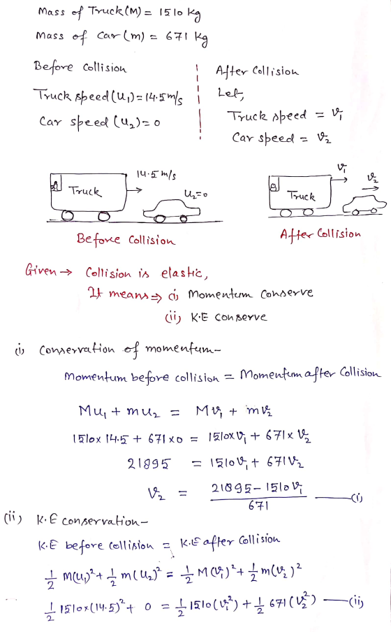 Mass of Truck (M) = 15 10 kg mass of car (m) = 671 Before collision Truck speed (U,)=14.5m/s Car speed (4)=0 After Collision