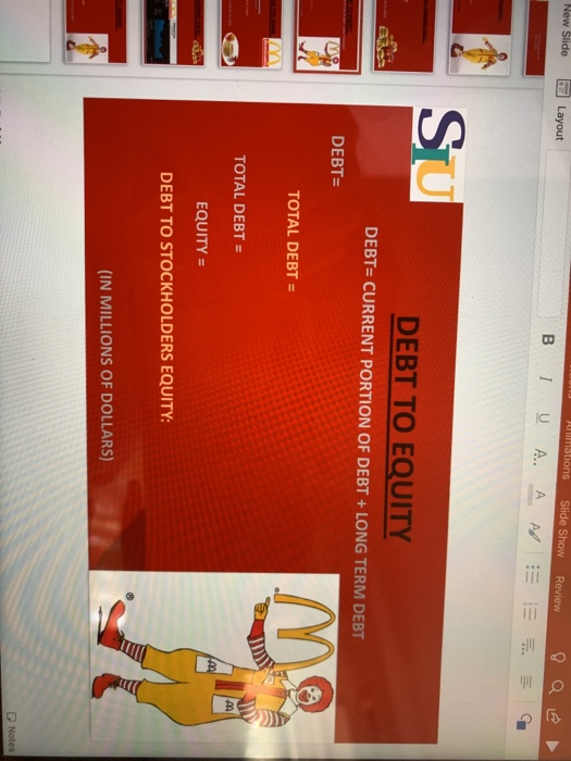ATmations Slide Show Review New Slide Layout BIU A. A A SU DEBT TO EQUITY DEBT= CURRENT PORTION OF DEBT+ LONG TERM DEBT DEBT=