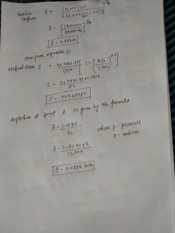 YA Relative stiffness (10,000 (513 12 X 5333 33.(1-0:3 1250000 Y4 90999.96 l- re = 1.925in Now from equation 3 x 3926.gg (5)