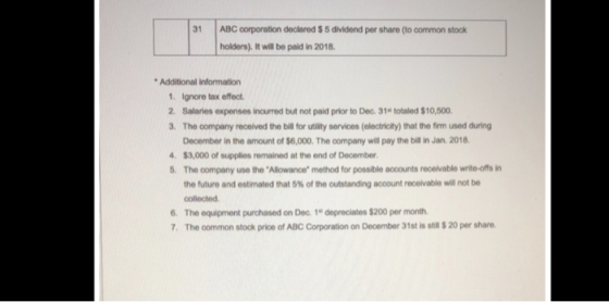 31 ABC corporation declared $ 5 dividend per share (to common stock holders). It will be paid in 2018. Additional information