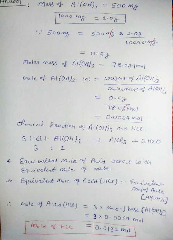 Answer: mass of ALCOH)3 = 500mg 1000 mg = 1.og 500mg = soomy x 1.og 1000.omfy = 0.5g Molas mass of Allory3 = 78.0g/mol Mole o