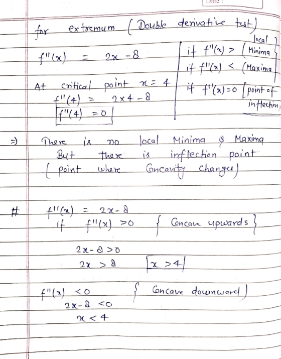 I Date: أمهل for extremum ( Double derivative test) = f(x) Tit f(x) > 2x1-8_ Minima l Lit f(x) < (Maxima At critical point
