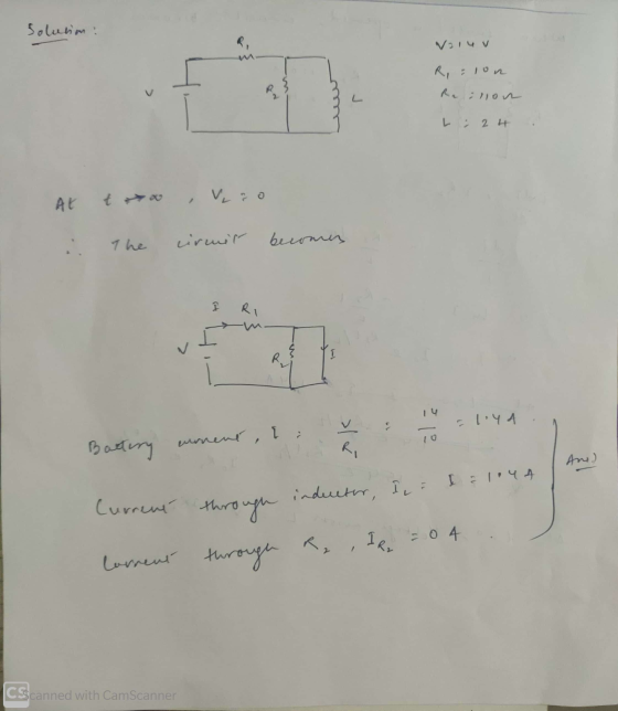 Solusim: Varuv R, Elon Reallon L : 24 At to, co . The cirmer becomes I RI J = 14d. Battery unent, I Ano.) inductor, I = I = 1