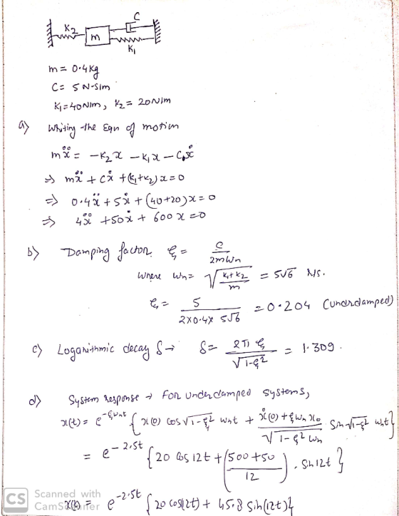 m = 0.4 kg C=5n-sim Kj=LONIM, Kz = 200mm ay writing the Ean of motim mir = -K₂ X _k, 2-cosé y mit că tk tk ₂) a=0 => 0.4ä +58