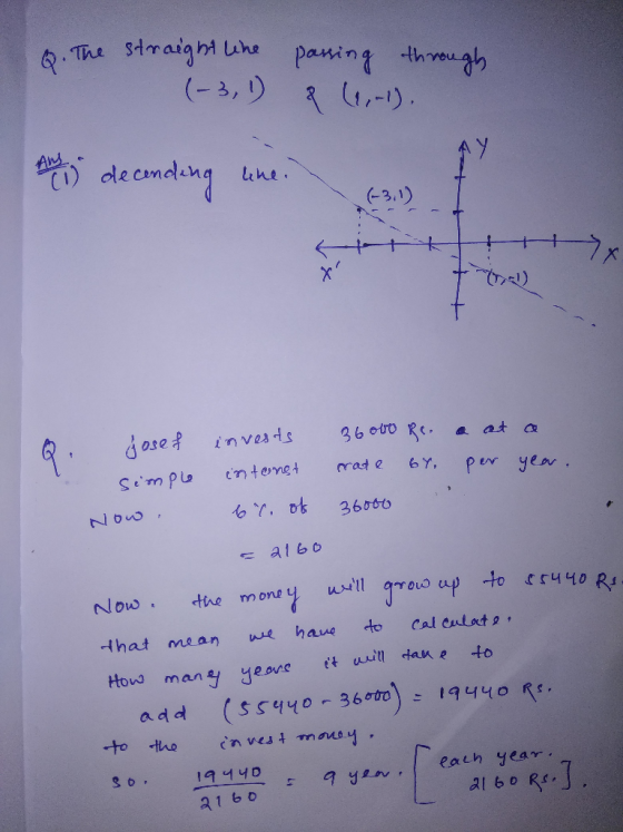 6. The straight line (-3, 1) passing through A (1,-1). And you deconding line. (3.1) Q. josef invests 36000 Re, a at a simple