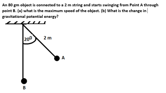 An 80 gm object is connected to a 2 m string and starts swinging from Point A through point B. (a) what is the maximum speed