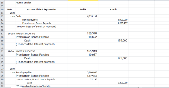 58 Journal entries 60 Debit Credit 62 6,255,137 Date Account Title & Explanation 2020 1-Jan Cash Bonds payable Premium on Bon