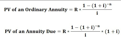 1 -(1 + i) PV of an Ordinary Annuity - D 1- (1 + i) - PV of an Annuity Due =R*— *(1 + i)
