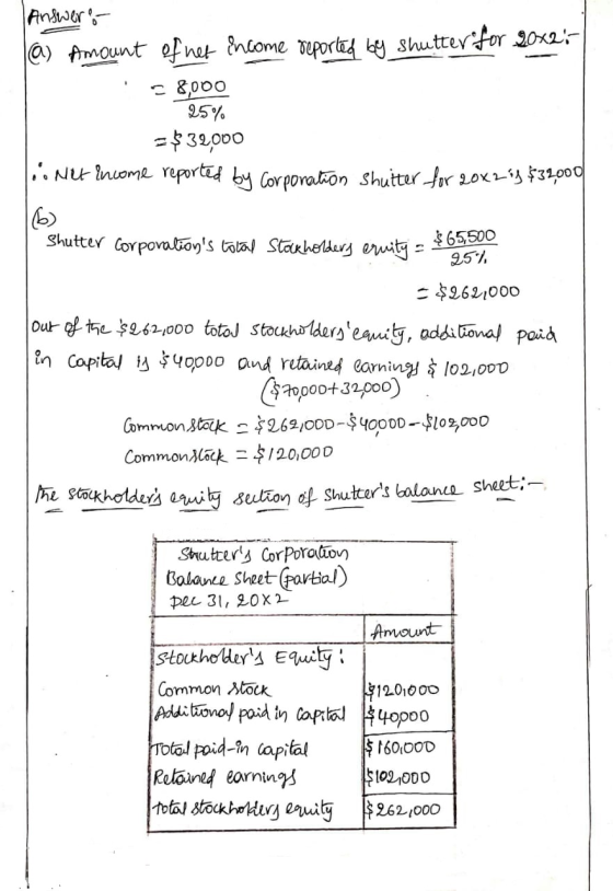 Answere (a) Amount of net income reported by shutter for 20x2. I58000 25% = $32,000 lo net income reported by Corporation shu