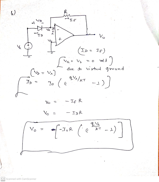 6) R IF D Va - 1hoc ID vo to + ID Na VO IF) vold due to vistual ground que/xT (a = ve ID To (e -)) Vo = If R Vo - IDR qŲ Vo