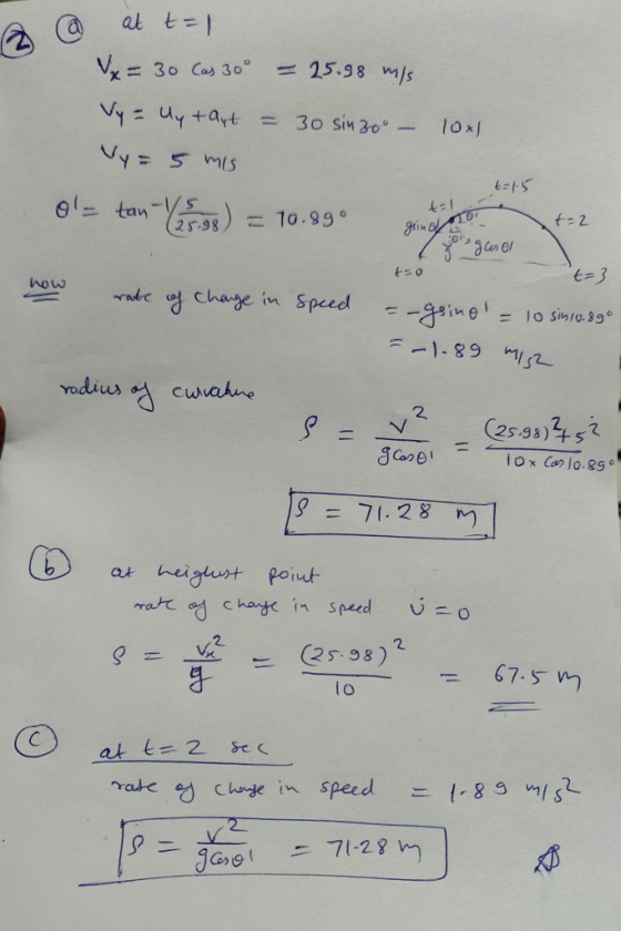 (a) at t= Vx = 3o Cas 30° = 25.98 m/s (25.98) = 10.93。 t=0 how 2 (2533) 2 Cone 가28 m し) at baignut point- 2 2 25s 82 675 W l o