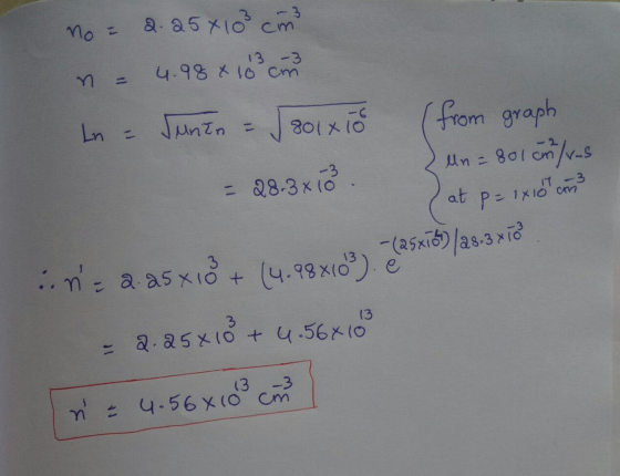 2.25 x 103 cm no = 13 - 3 4.98 x 10 cm n = at Ln = unin = ✓ soixio (from graph = 28.3x18 Un = 801 m/rus P- 1x10 cm in= 2.25x1