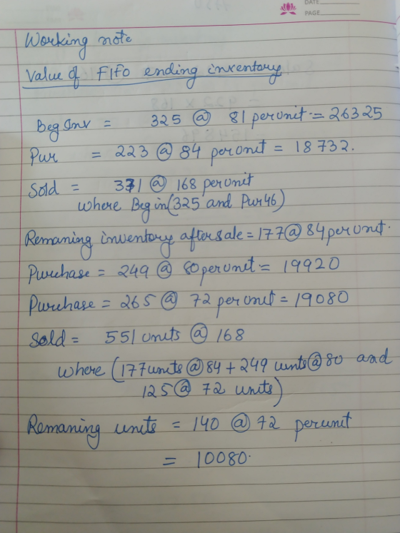 DATE PAGE Working note inventory - 18 732. peronet value of fifo eno ending Beg any 325 @ 81 perumit-= 26325 Pur = 223 @ 84 s