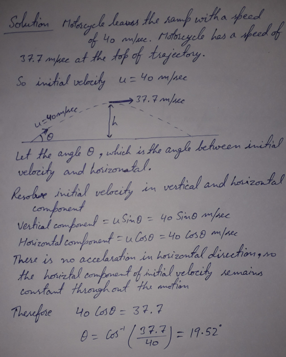 of 40 Solution Moliseyele leaves the samp with a speed m/sec. Motorcycle has a speed of 37.7 msec at the top of trajectory. S