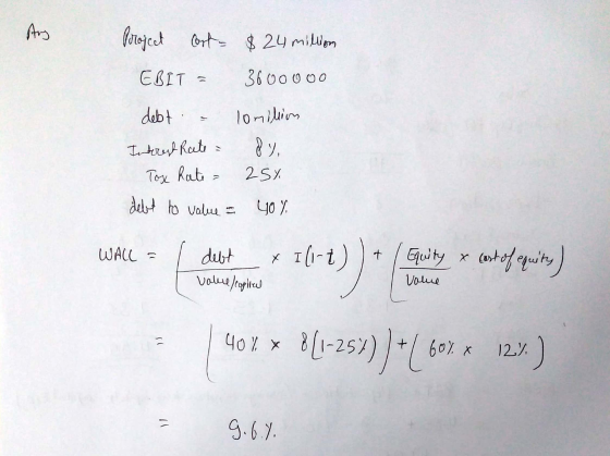 Ang Project Cart = $24 million EBIT = 3600000 debt Interest Rate Tox Rate lomilion dy 25% debt to value a 40 %. WALL = x I t
