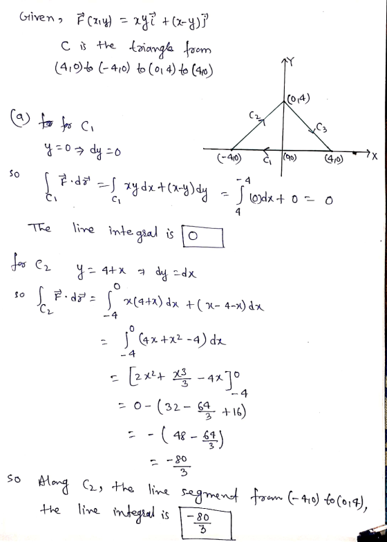 Giren, F (ziy) = xyl + (x-4); C is the triangle from (4,0) to (-4,0) to (old) to (440 (0,4) to for Ci (2A y=0> dy=0 (-410) (9