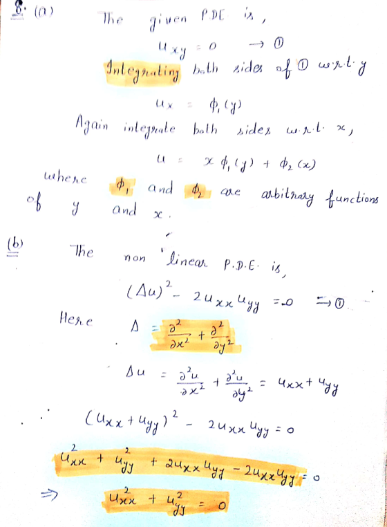 The given PDE is, Integrating both sides of 0 worty HX Ⓡy Again integrate both sides wirela, Us x , (y) + 02 (x) where di and