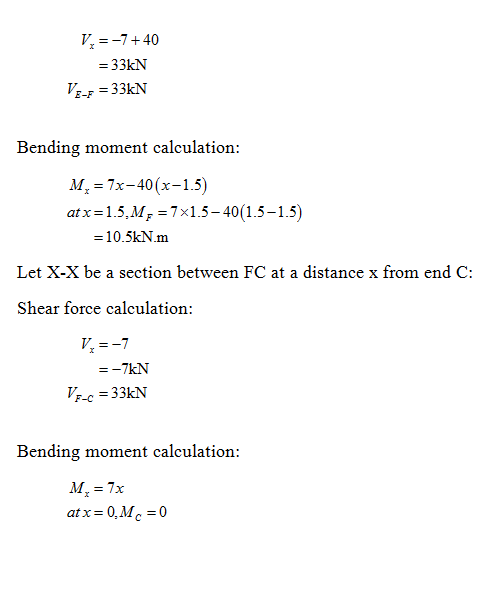 33kN E-F = 33kN Bending moment calculation: M. = 7x-40(x-1.5) atx=15,M,-7x15-40(15-15) 10.5kN-m Let X-X be a section between