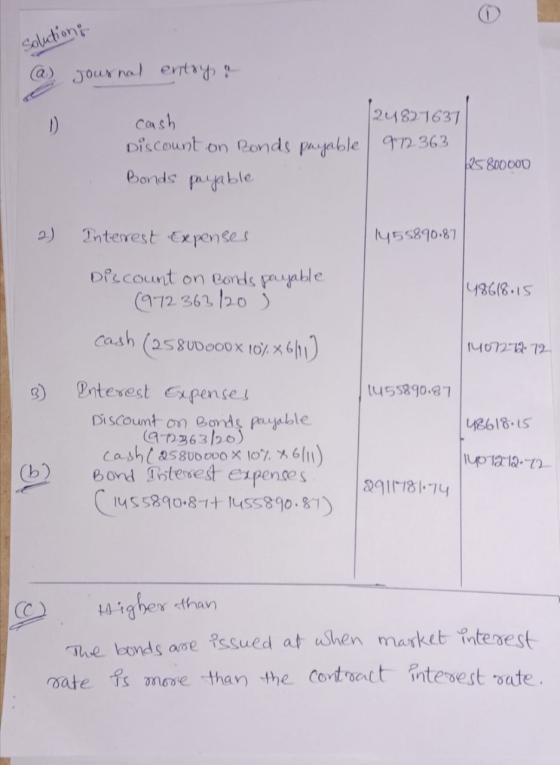 solutioni (a) journal entry a cash Discount on Ronds payable Bonds payable 24827637 972 363 25 800000 2) Interest Expenses 14