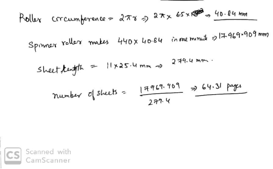 Roller circumference - 220 - 27 x 65 x 40.84 mm Spinner roller makes 4408 40.84 in one menuite => 17969-909 mm Sheet kength =