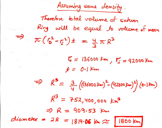 Assuming some density. Therefore total volume of saturn Ring will be equal to volume of moon t. (P² - 1, ²) t = 4 R² & To = 1