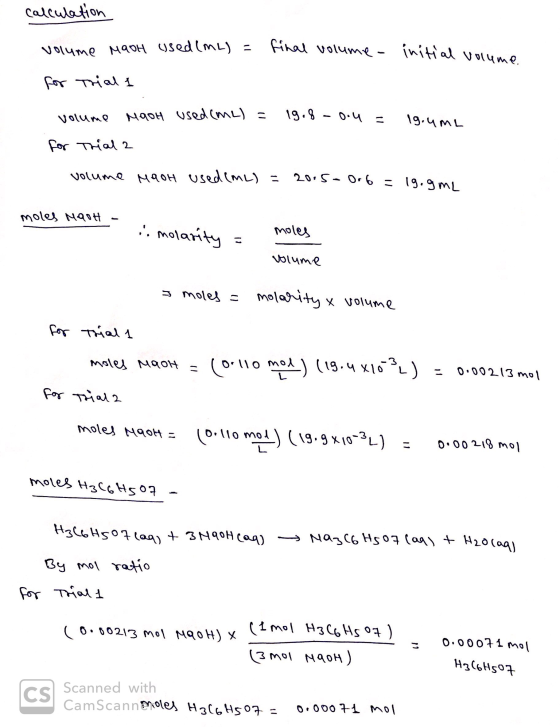 calculation final volume - initial volume volume MaOH used (m2) = for trial 1 H Ma0H used (m2) = used(ML) = volume 19. 8 9.8