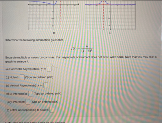 Determine the following information given that Separate multiple answers by commas. If an asymptote or intercept does not exi