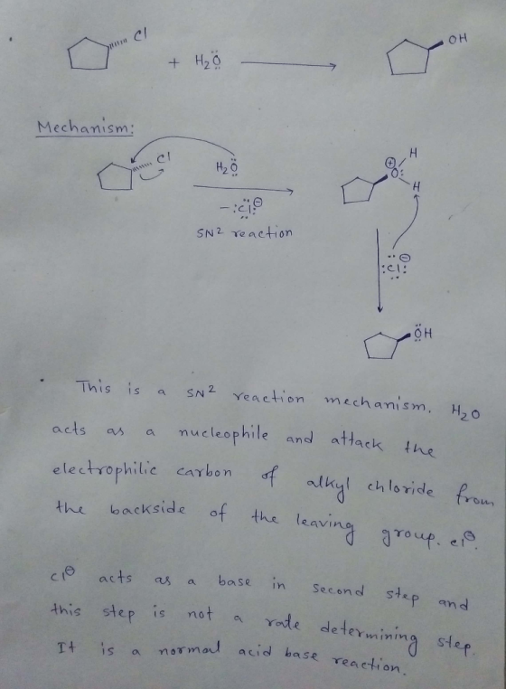 OH + H₂O Mechanism: H2O -: SN2 reaction :c1: . This is a SN² reaction mechanism. Ho acts as a nucleophile and attack the elec