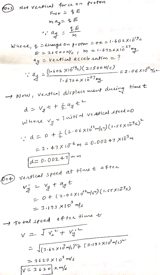 proton 18003 Net vertical force on Fnet =qE may=qE QE ay where, q = change on proton = te = 1.602xcolc E=20soow/c, m=1.672 6