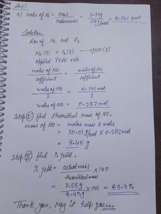 dus al moles of N2 = ass = 394 Molar mads 949 = 0.141 nol MAALAAAAAAAAAAA012120000 Solution Ron of Na and O₂ N2 (8) + O₂(g) 2
