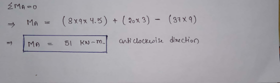 EMA=0 → MA = (8x9x4.5) + (2003) - (3789) MA = 51 KNM.. anticlockwise direction