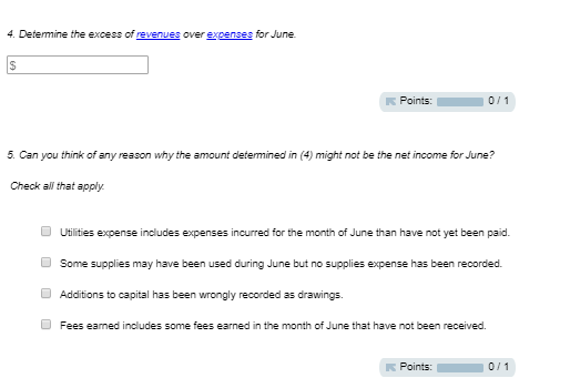4. Determine the excess of revenues over expenses for June Points: 0/1 5. Can you think of any reason why the amount determin