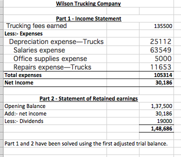 Wilson Trucking Company 135500 Part 1 - Income Statement Trucking fees earned Less:- Expenses Depreciation expense-Trucks Sal