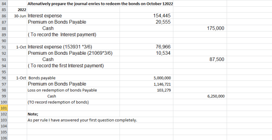 85 Altenatively prepare the journal enries to redeem the bonds on October 12022 2022 30-Jun Interest expense 154,445 Premium