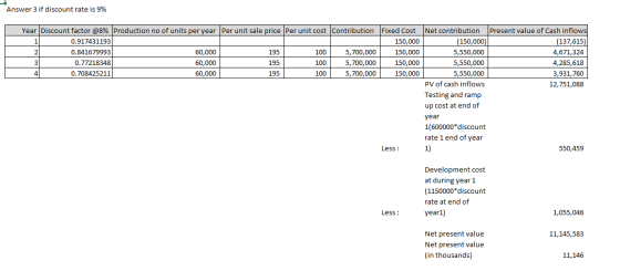 _H Answer 3 if discount rate is 9% Year Discount factor @8% Production no of units per year Per unit sale price Per unit cost