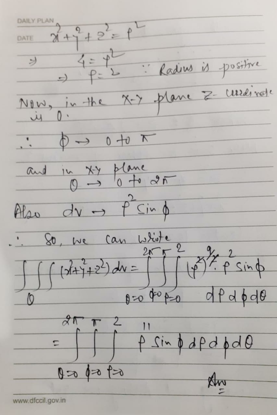 DAILY PLAN 2 2 2 ام DATE L P = : Radius is positive Now, in the is 0. X-7 plane & cardinale 0 to in xy plane 0 dv P sind Also