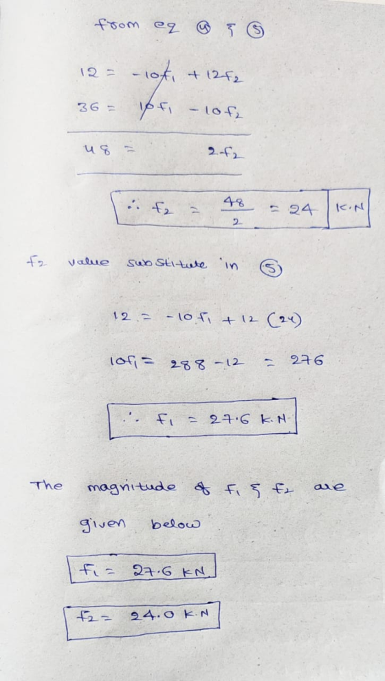 from eq @ 56 12 = - 10ft, + 1282 36 = pt - lof 2 f2 Ti fa 3 48 - 24 f2 value substitute in 6 12 = -10 f1 + 12 (24) Tof = 288-