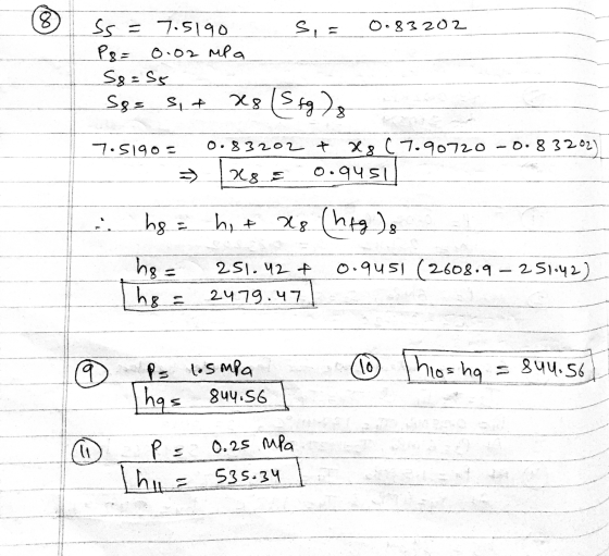 8 5,= 0.83202 ss = 7.5190 P8 = 0.02 MPa S8=55 Ses st x8 (Sfg78 7.5190- 0.83202 + 28 (7.90720-0.83202) 0.9451 > x8 = ho: hit x