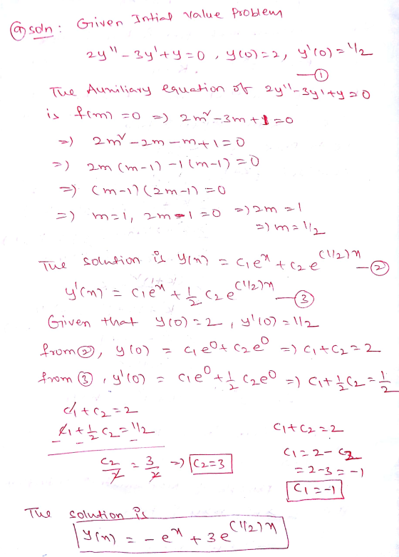 @son: Given Intial value Problem 24-Bylty=0y60)=2, y(o)=% -O The Auniliary equation of yl-3yltyao is fimi zo =) a m-3m +12